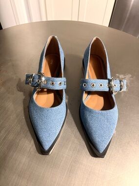Maeve Pointed-Toe Moto Mary Jane Flats in Denim